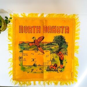 Vintage 1970s North Dakota Souvenir Pillow Cover Satin Fringe Travel Kitsch